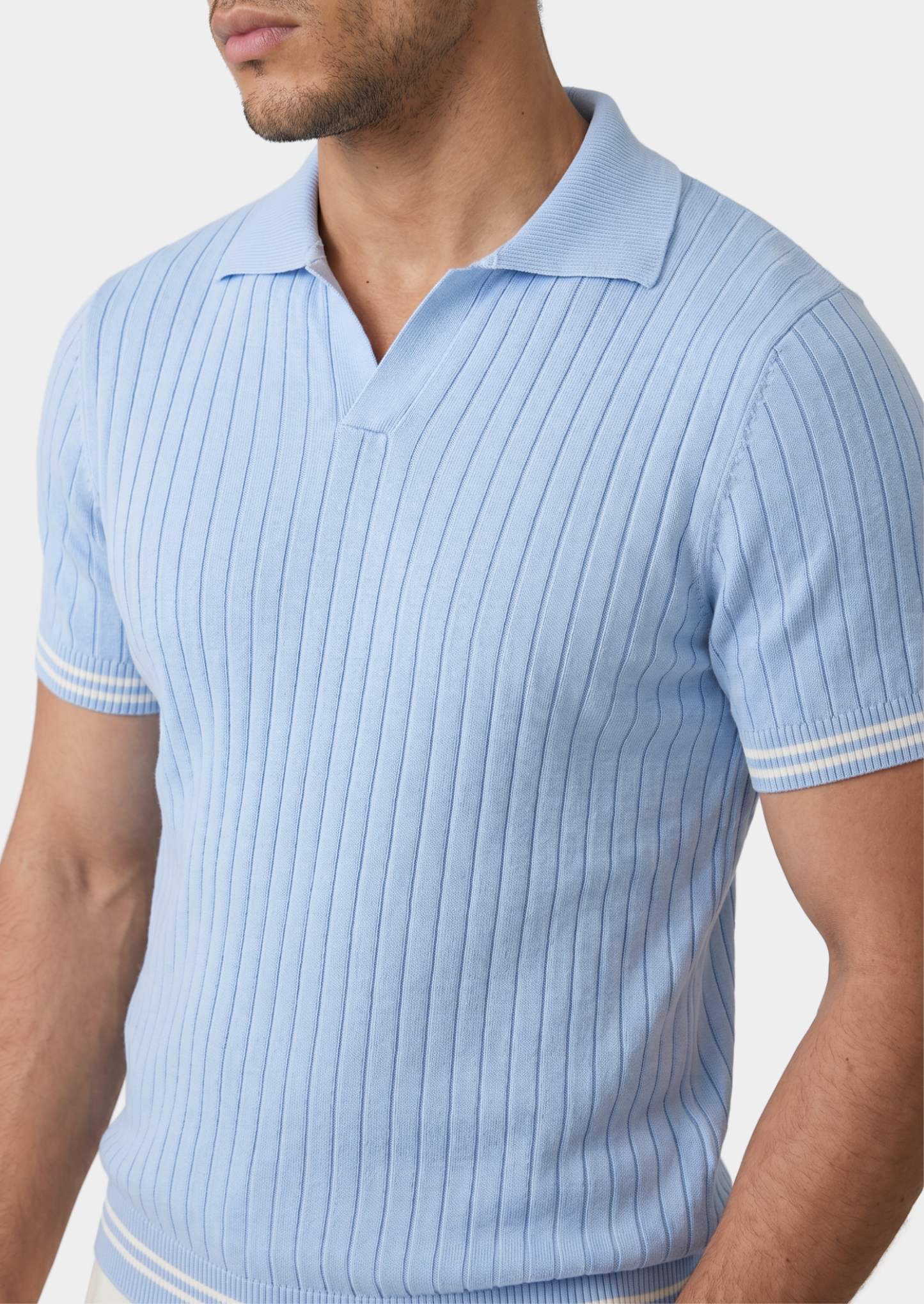 Pierre Light Blue Ribbed Buttonless Polo | Solmar