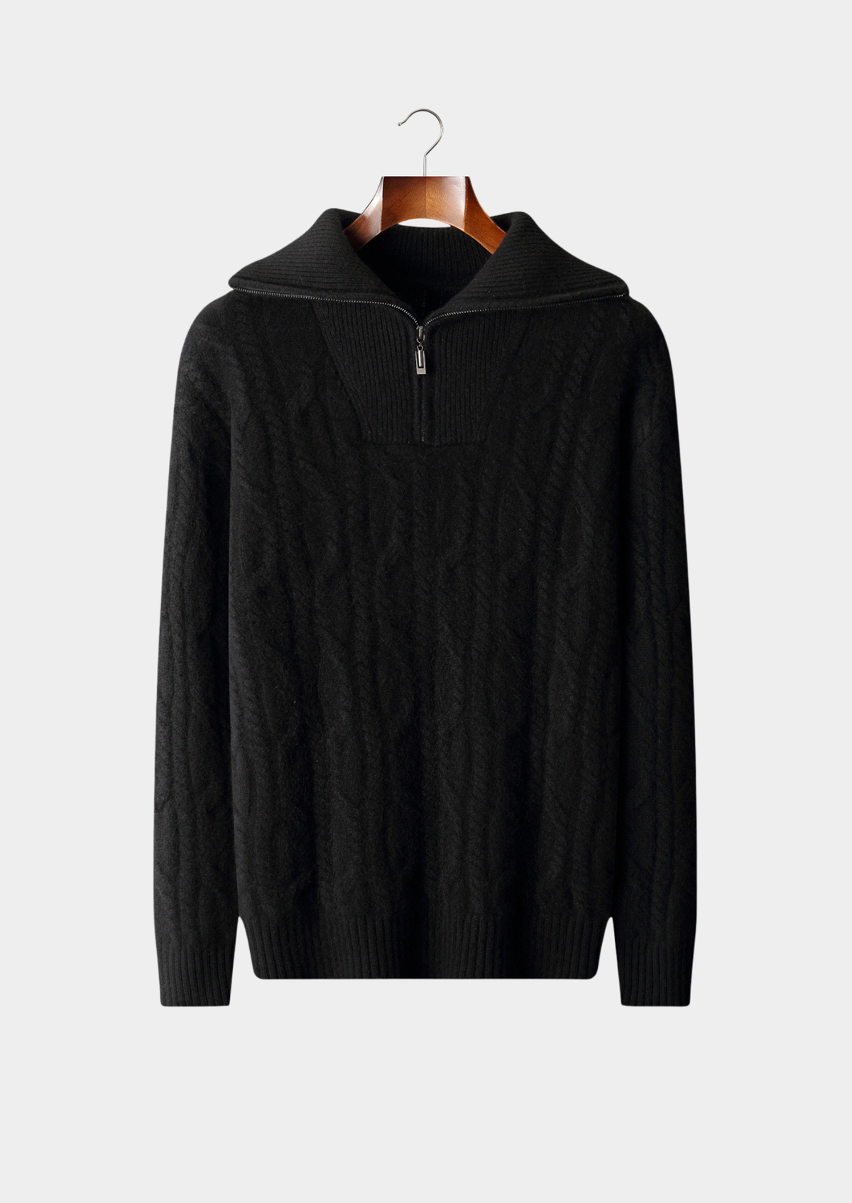 Pure Cashmere Black Cable Half Zip Sweater | Solmar