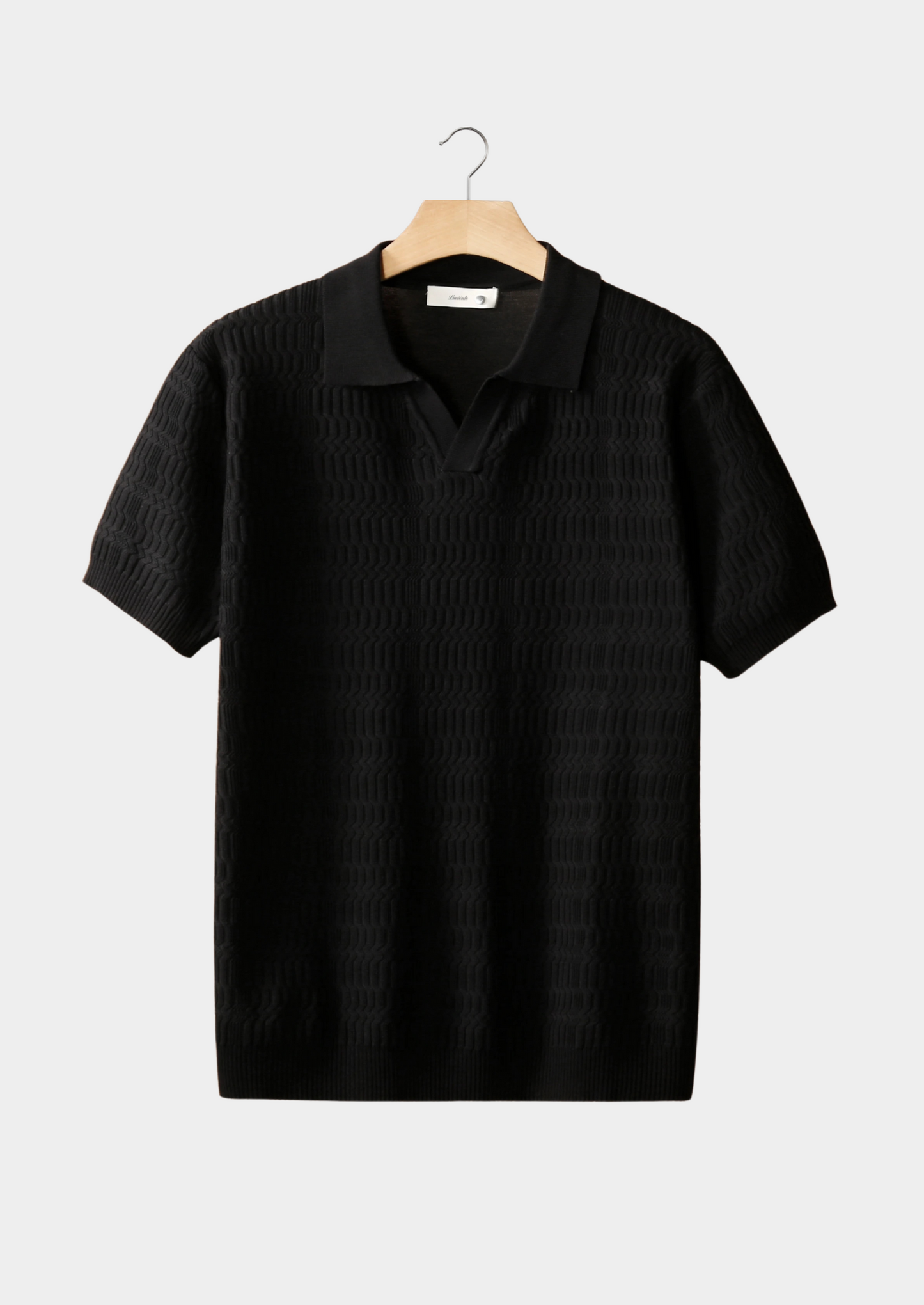 Black Patterned Knit Buttonless Polo | Solmar