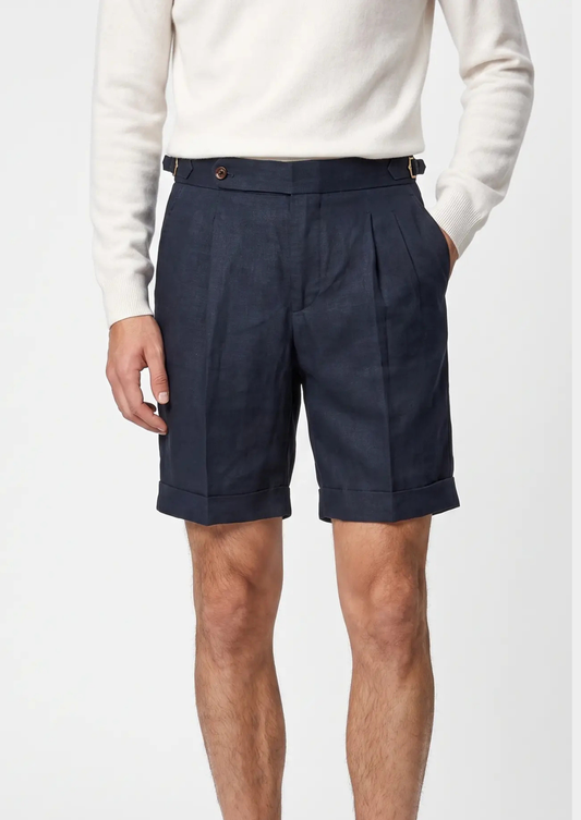 Navy Blue Pleated Linen Seaside Shorts | Solmar