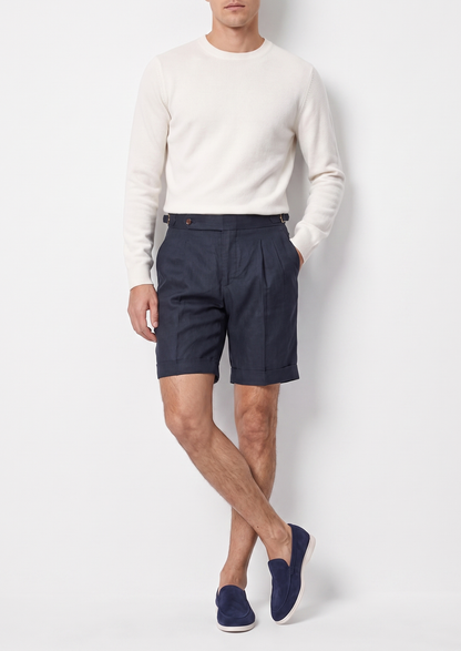 Navy Blue Pleated Linen Seaside Shorts | Solmar