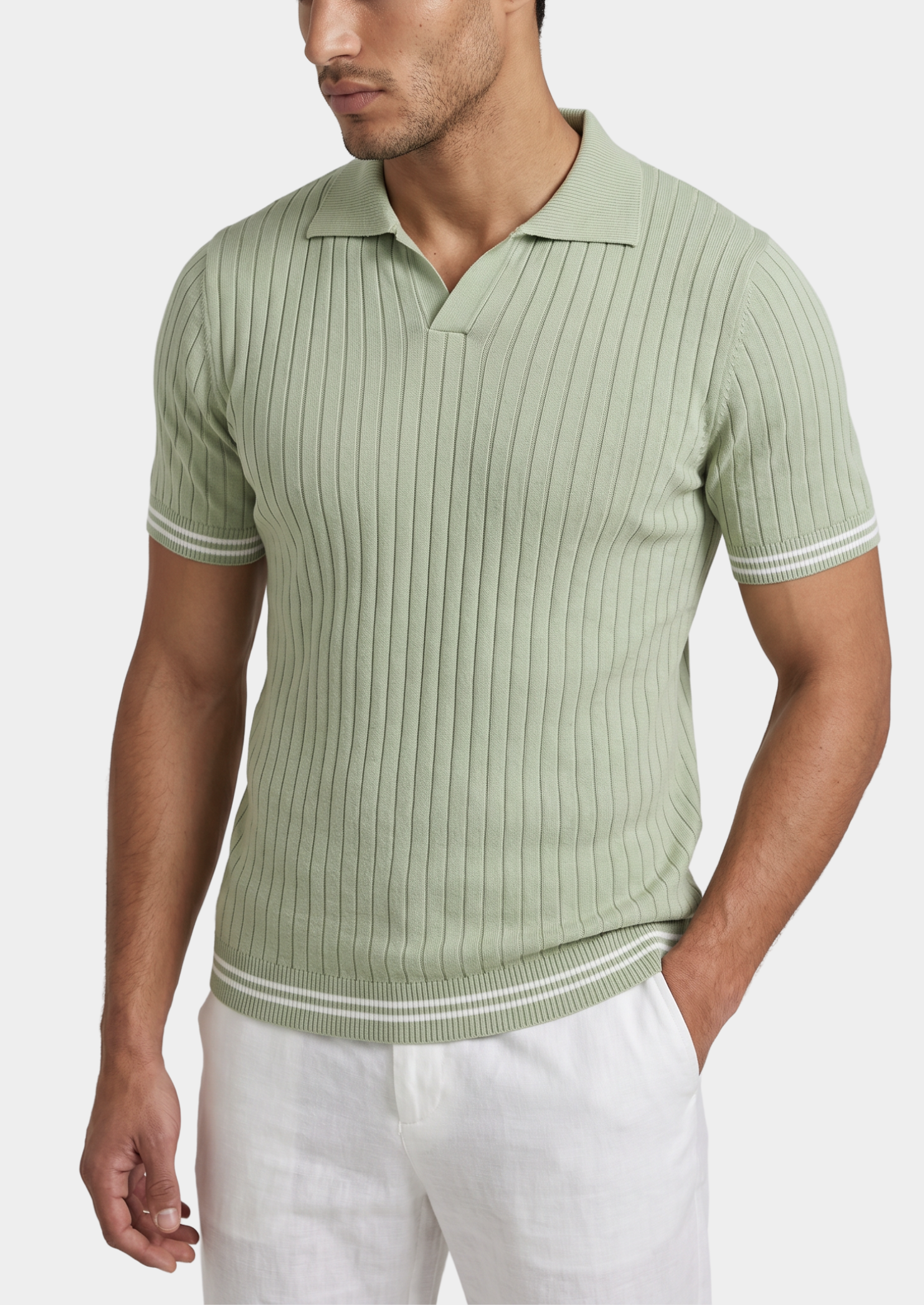 Pierre Pistache Ribbed Buttonless Polo | Solmar