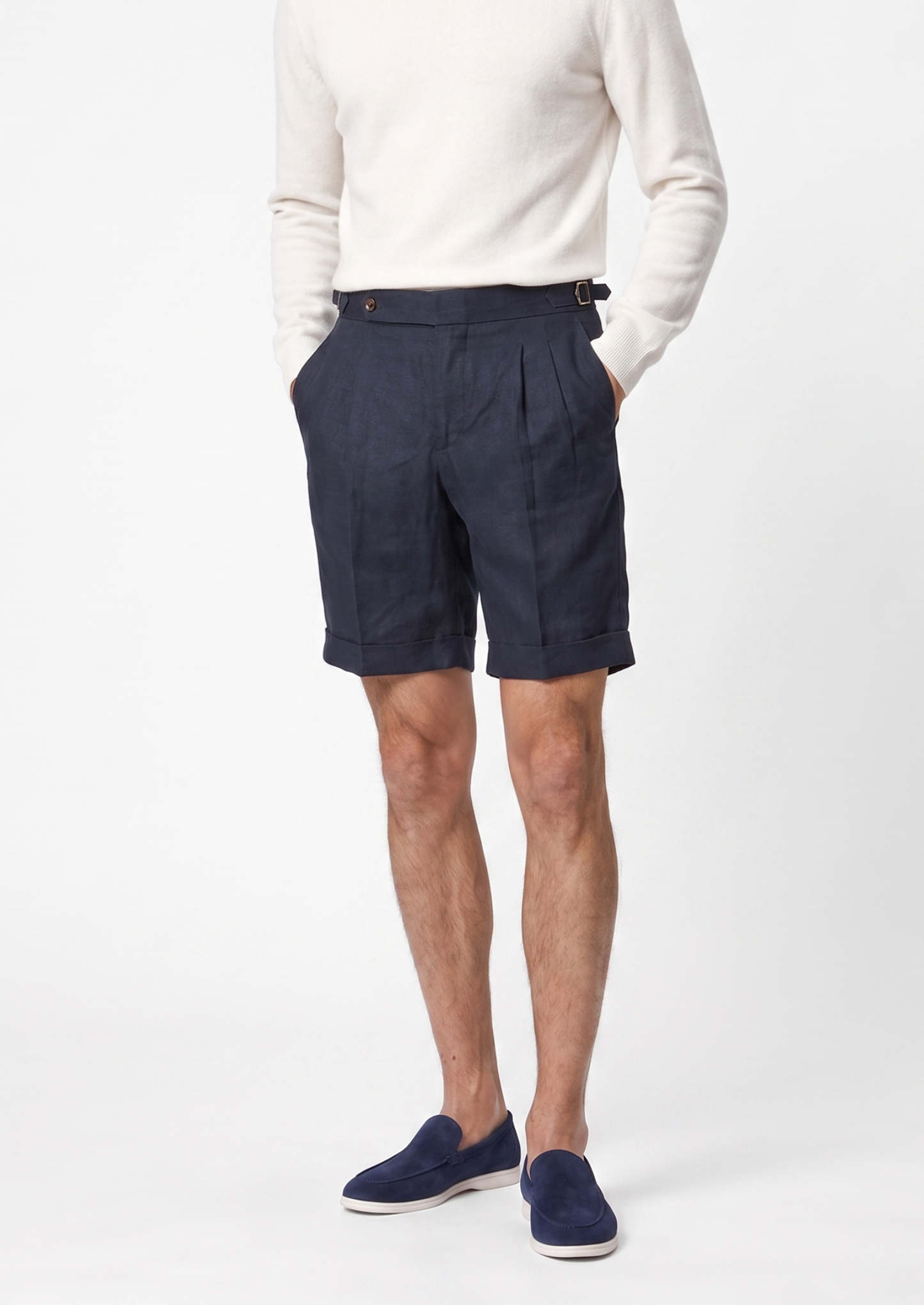 Navy Blue Pleated Linen Seaside Shorts | Solmar