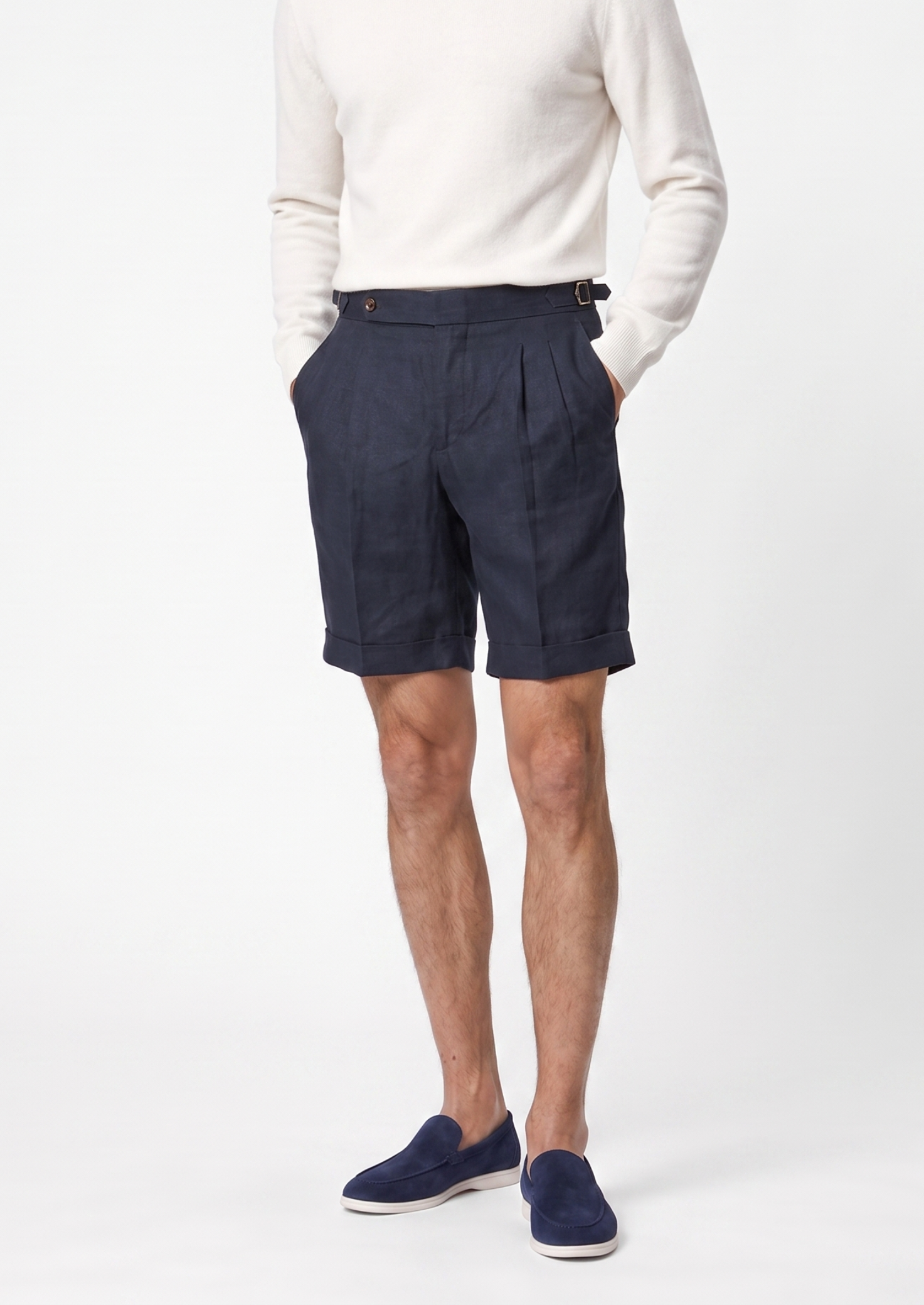 Navy Blue Pleated Linen Seaside Shorts | Solmar