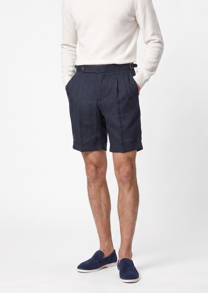 Navy Blue Pleated Linen Seaside Shorts | Solmar