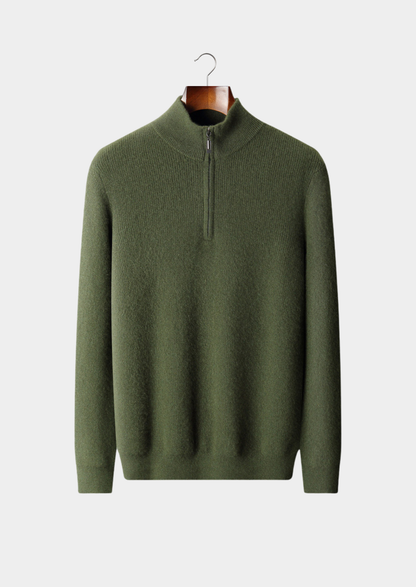 Pure Cashmere Olive Ribbed Half Zip | Solmar
