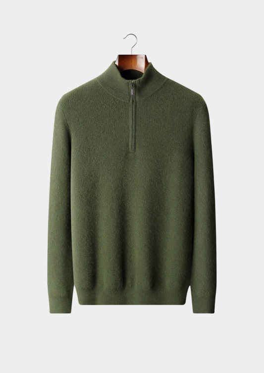 Pure Cashmere Olive Ribbed Half Zip | Solmar