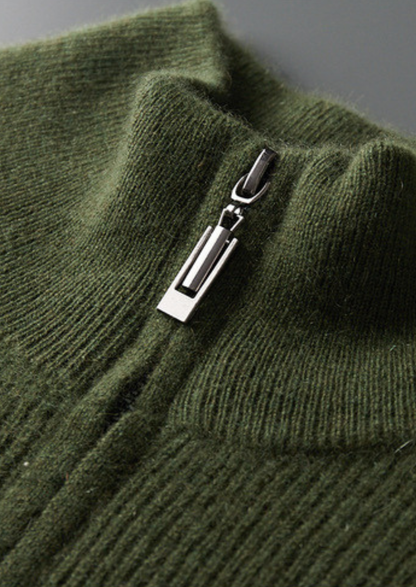 Pure Cashmere Olive Ribbed Half Zip | Solmar
