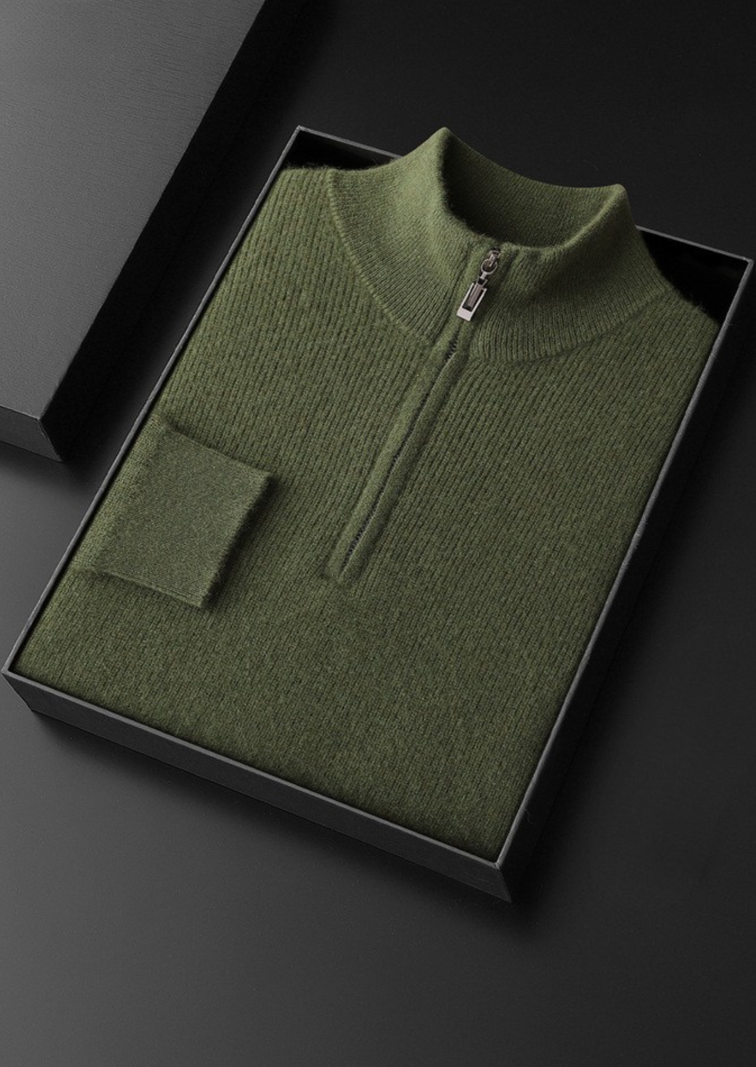 Pure Cashmere Olive Ribbed Half Zip | Solmar