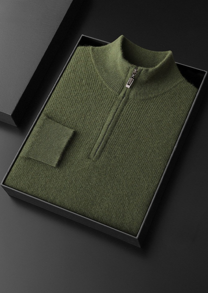 Pure Cashmere Olive Ribbed Half Zip | Solmar