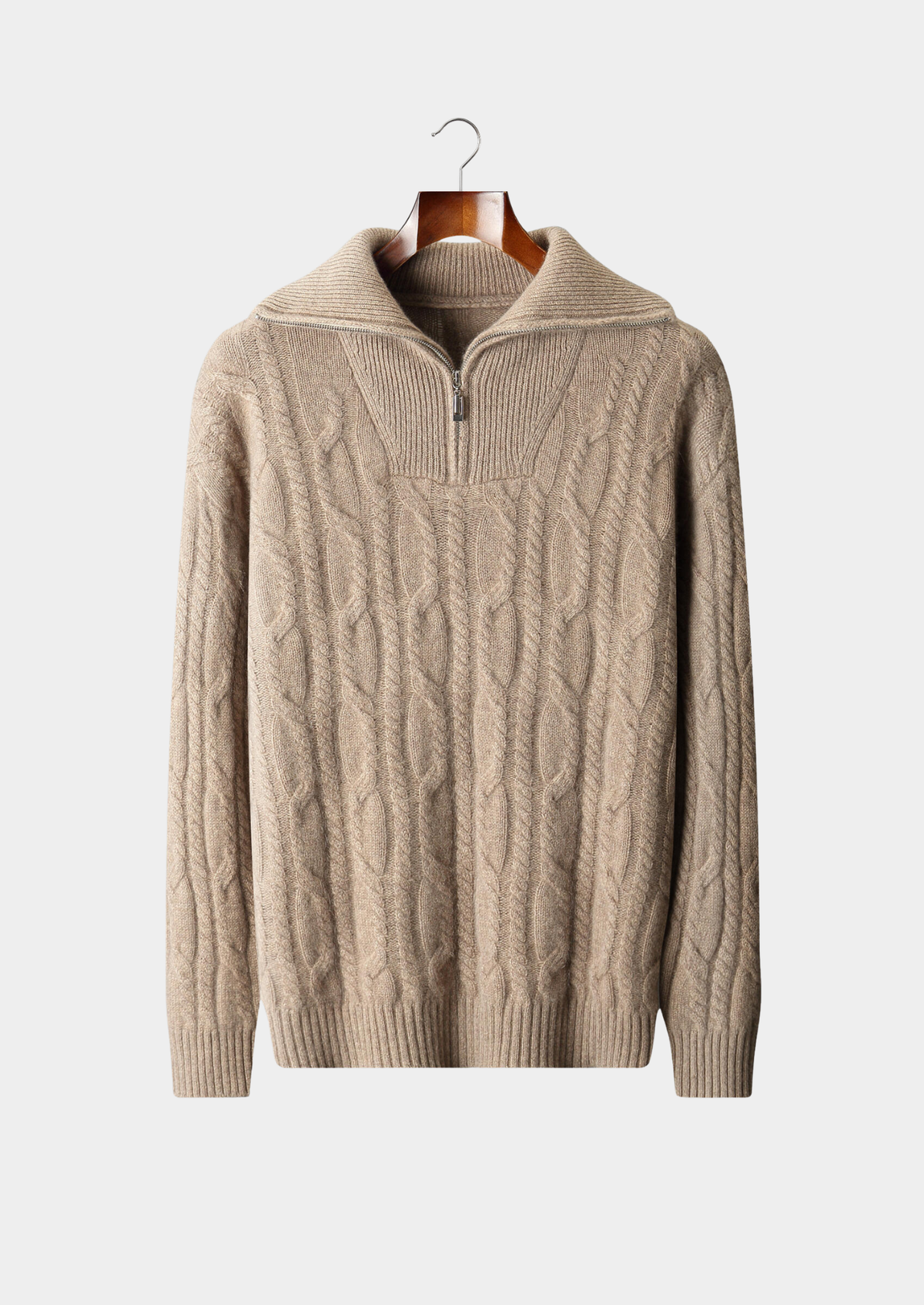 Pure Cashmere Beige Cable Half Zip Sweater | Solmar