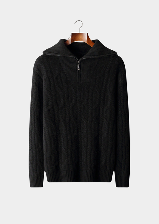 Pure Cashmere Black Cable Half Zip Sweater | Solmar