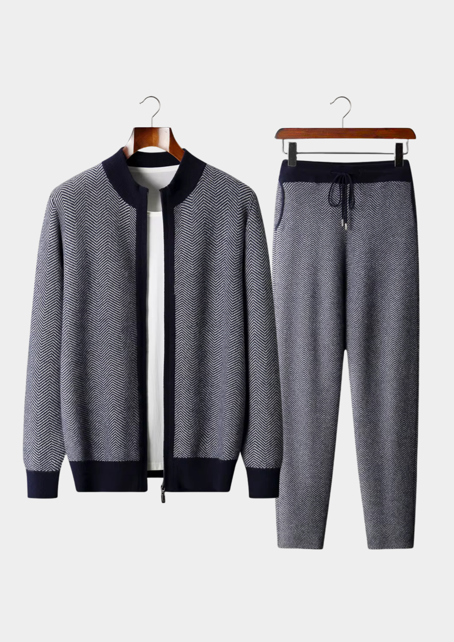 Pure Extra-Fine Merino Wool Navy Blue Herringbone Set | Solmar