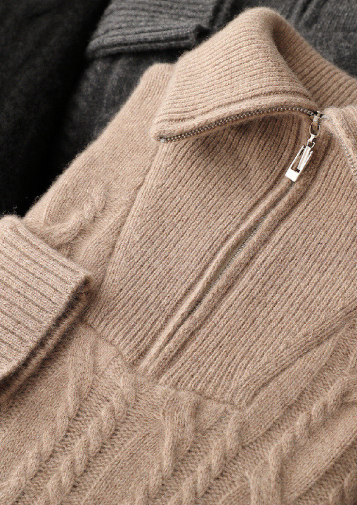 Pure Cashmere Beige Cable Half Zip Sweater | Solmar
