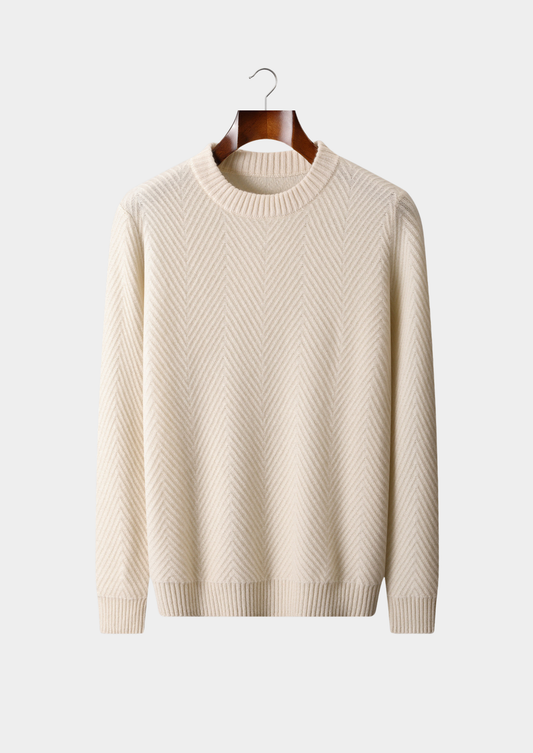 Pure Cashmere Ivory Herringbone Crewneck | Solmar