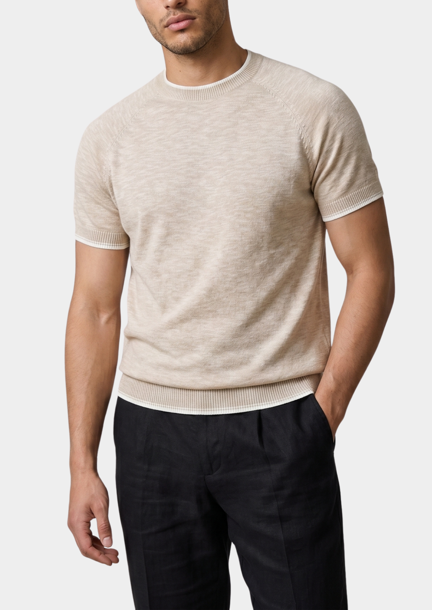 Capri Beige Linen Contrast T-Shirt | Solmar