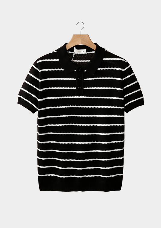 Black Striped Textured Button Polo | Solmar