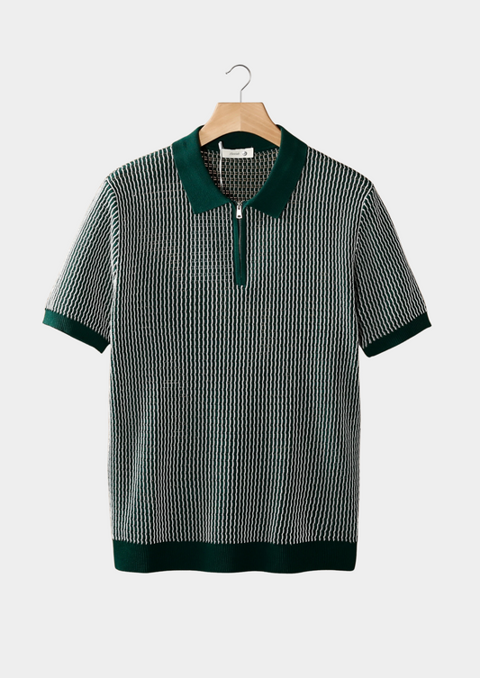 Green Geometric Textured Zipper Polo | Solmar