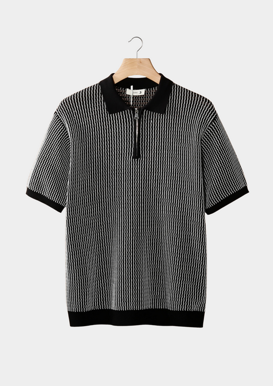 Black Geometric Textured Zipper Polo | Solmar