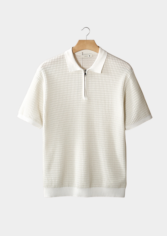 White Geometric Textured Zipper Polo | Solmar