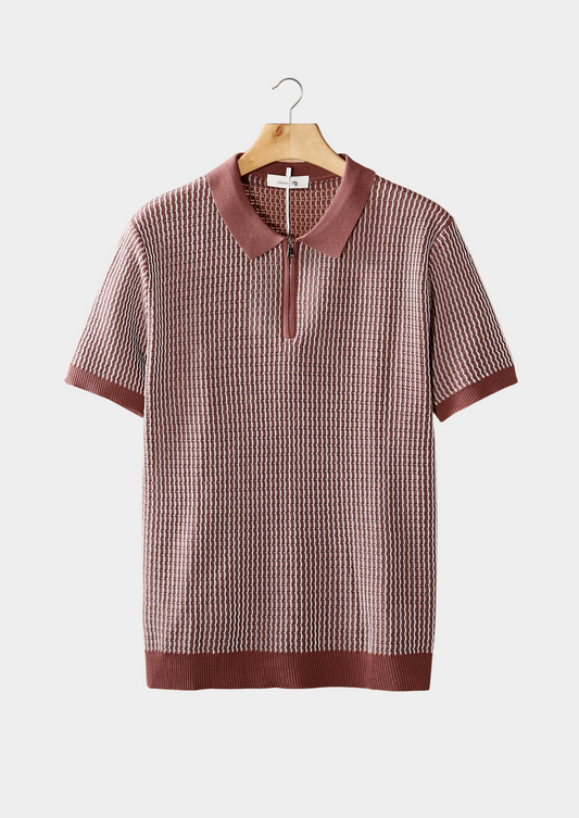 Dusty Rose Geometric Textured Zipper Polo | Solmar