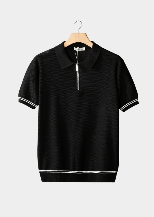 Black Zigzag Textured Zipper Polo | Solmar