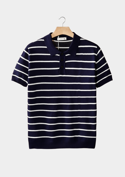 Navy Striped Textured Button Polo | Solmar