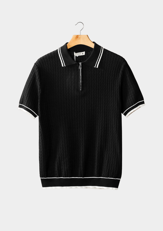 Black Wavy Textured Zipper Polo | Solmar